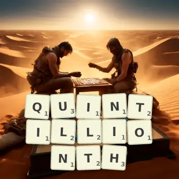Creative illustration for a Scrabble game with the word QUINTILLIONTH spelled out in tiles on the board.