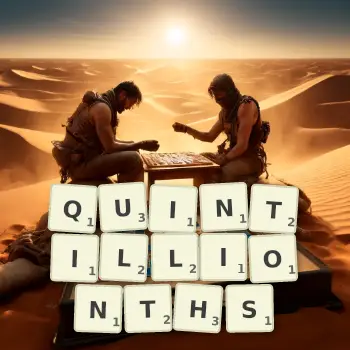 Creative illustration for a Scrabble game with the word QUINTILLIONTHS spelled out in tiles on the board.
