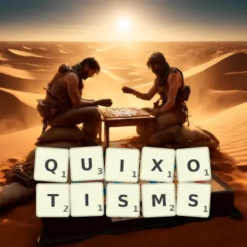 Creative illustration for a Scrabble game with the word QUIXOTISMS spelled out in tiles on the board.