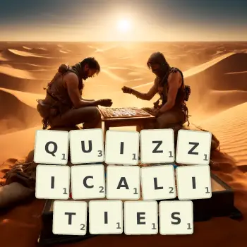 Creative illustration for a Scrabble game with the word QUIZZICALITIES spelled out in tiles on the board.