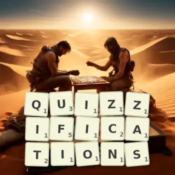 Creative illustration for a Scrabble game with the word QUIZZIFICATIONS spelled out in tiles on the board.