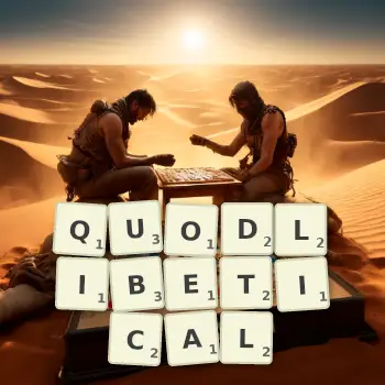 Creative illustration for a Scrabble game with the word QUODLIBETICAL spelled out in tiles on the board.