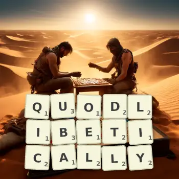 Creative illustration for a Scrabble game with the word QUODLIBETICALLY spelled out in tiles on the board.