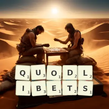 Creative illustration for a Scrabble game with the word QUODLIBETS spelled out in tiles on the board.