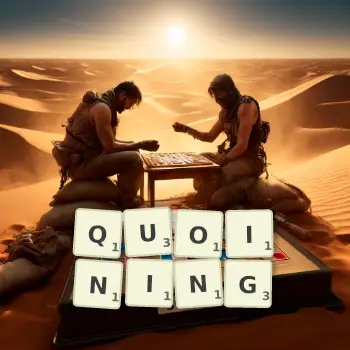 Creative illustration for a Scrabble game with the word QUOINING spelled out in tiles on the board.