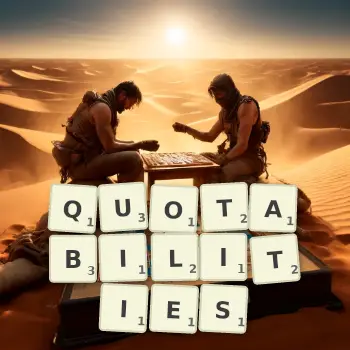Creative illustration for a Scrabble game with the word QUOTABILITIES spelled out in tiles on the board.