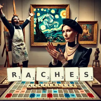 Creative illustration for a Scrabble game with the word RACHES spelled out in tiles on the board.