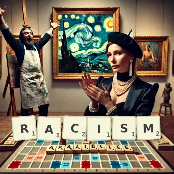 Creative illustration for a Scrabble game with the word RACISM spelled out in tiles on the board.