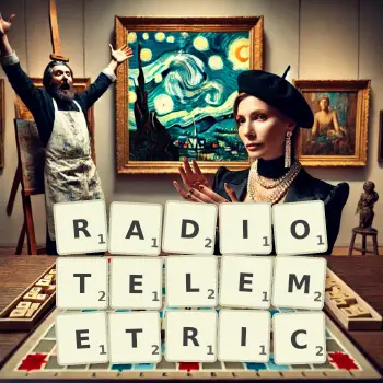 Creative illustration for a Scrabble game with the word RADIOTELEMETRIC spelled out in tiles on the board.