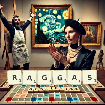 Creative illustration for a Scrabble game with the word RAGGAS spelled out in tiles on the board.