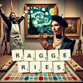 Creative illustration for a Scrabble game with the word RAGGERIES spelled out in tiles on the board.