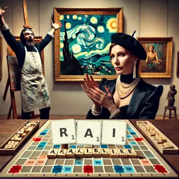 Creative illustration for a Scrabble game with the word RAI spelled out in tiles on the board.