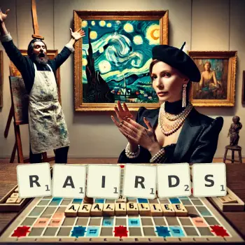 Creative illustration for a Scrabble game with the word RAIRDS spelled out in tiles on the board.