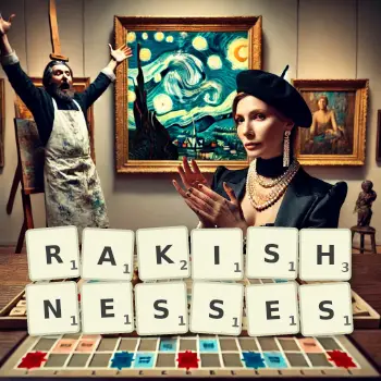 Creative illustration for a Scrabble game with the word RAKISHNESSES spelled out in tiles on the board.
