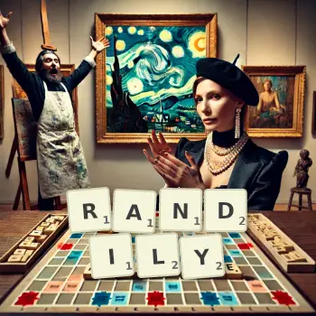 Creative illustration for a Scrabble game with the word RANDILY spelled out in tiles on the board.