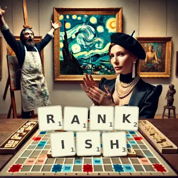 Creative illustration for a Scrabble game with the word RANKISH spelled out in tiles on the board.
