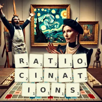 Creative illustration for a Scrabble game with the word RATIOCINATIONS spelled out in tiles on the board.