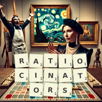 Creative illustration for a Scrabble game with the word RATIOCINATORS spelled out in tiles on the board.