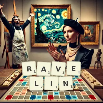 Creative illustration for a Scrabble game with the word RAVELIN spelled out in tiles on the board.