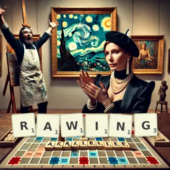 Creative illustration for a Scrabble game with the word RAWING spelled out in tiles on the board.