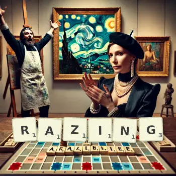 Creative illustration for a Scrabble game with the word RAZING spelled out in tiles on the board.