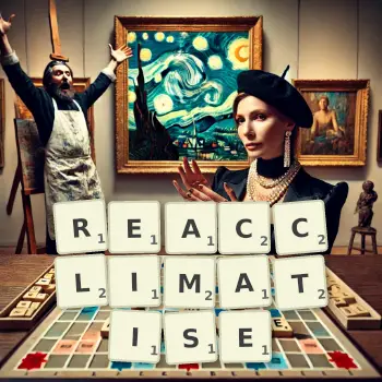 Creative illustration for a Scrabble game with the word REACCLIMATISE spelled out in tiles on the board.