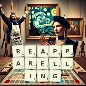 Creative illustration for a Scrabble game with the word REAPPARELLING spelled out in tiles on the board.