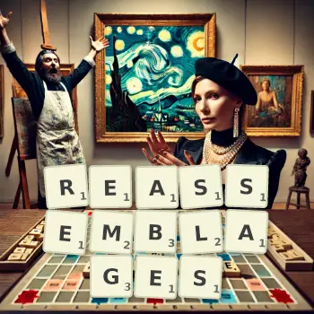 Creative illustration for a Scrabble game with the word REASSEMBLAGES spelled out in tiles on the board.