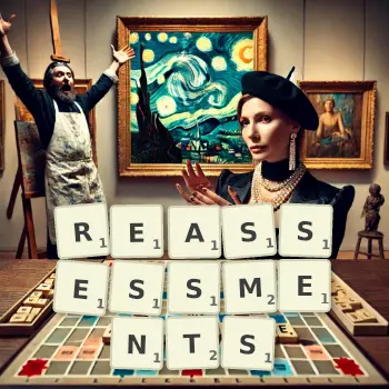 Creative illustration for a Scrabble game with the word REASSESSMENTS spelled out in tiles on the board.