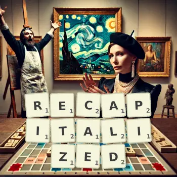 Creative illustration for a Scrabble game with the word RECAPITALIZED spelled out in tiles on the board.