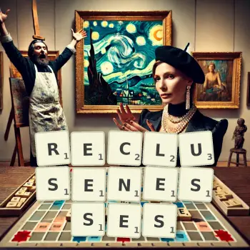 Creative illustration for a Scrabble game with the word RECLUSENESSES spelled out in tiles on the board.