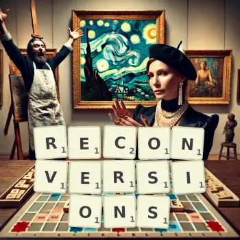 Creative illustration for a Scrabble game with the word RECONVERSIONS spelled out in tiles on the board.