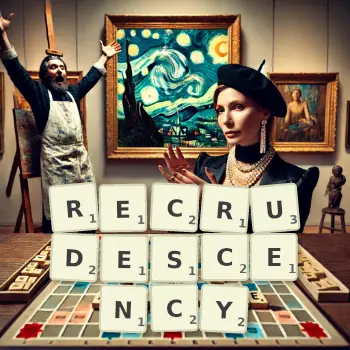 Creative illustration for a Scrabble game with the word RECRUDESCENCY spelled out in tiles on the board.