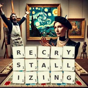 Creative illustration for a Scrabble game with the word RECRYSTALLIZING spelled out in tiles on the board.