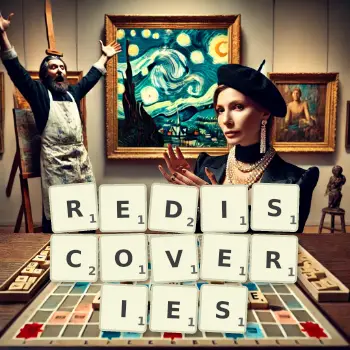 Creative illustration for a Scrabble game with the word REDISCOVERIES spelled out in tiles on the board.