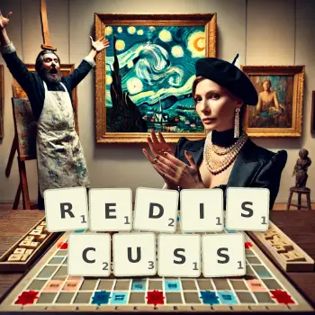 Creative illustration for a Scrabble game with the word REDISCUSS spelled out in tiles on the board.