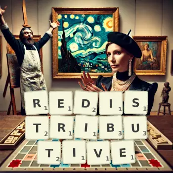 Creative illustration for a Scrabble game with the word REDISTRIBUTIVE spelled out in tiles on the board.