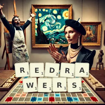 Creative illustration for a Scrabble game with the word REDRAWERS spelled out in tiles on the board.