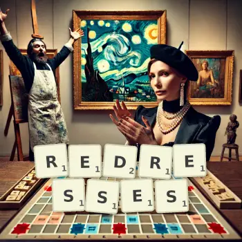 Creative illustration for a Scrabble game with the word REDRESSES spelled out in tiles on the board.