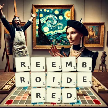 Creative illustration for a Scrabble game with the word REEMBROIDERED spelled out in tiles on the board.