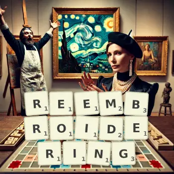 Creative illustration for a Scrabble game with the word REEMBROIDERING spelled out in tiles on the board.