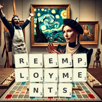 Creative illustration for a Scrabble game with the word REEMPLOYMENTS spelled out in tiles on the board.