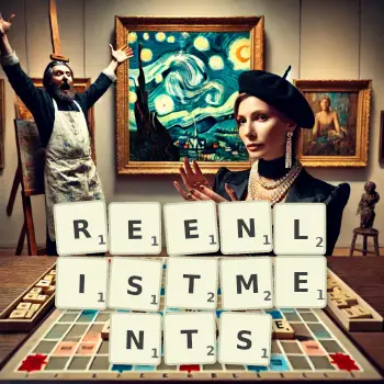 Creative illustration for a Scrabble game with the word REENLISTMENTS spelled out in tiles on the board.