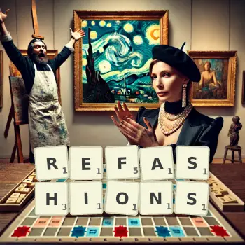 Creative illustration for a Scrabble game with the word REFASHIONS spelled out in tiles on the board.