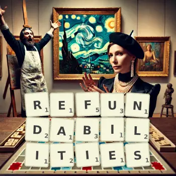 Creative illustration for a Scrabble game with the word REFUNDABILITIES spelled out in tiles on the board.
