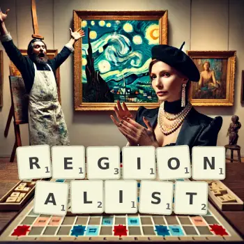 Creative illustration for a Scrabble game with the word REGIONALIST spelled out in tiles on the board.