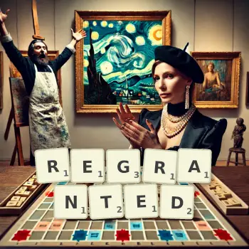Creative illustration for a Scrabble game with the word REGRANTED spelled out in tiles on the board.