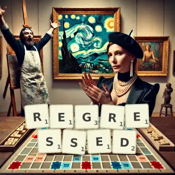 Creative illustration for a Scrabble game with the word REGRESSED spelled out in tiles on the board.
