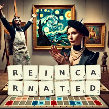 Creative illustration for a Scrabble game with the word REINCARNATED spelled out in tiles on the board.