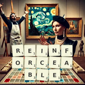Creative illustration for a Scrabble game with the word REINFORCEABLE spelled out in tiles on the board.